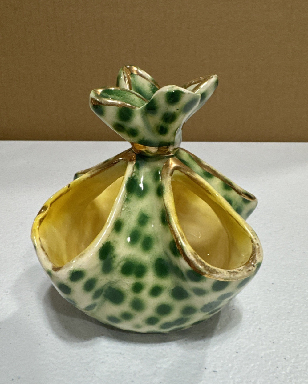 VTG Polychrome Enamel Handkerchief Vase Basket Green Dots Mica Italy Small size